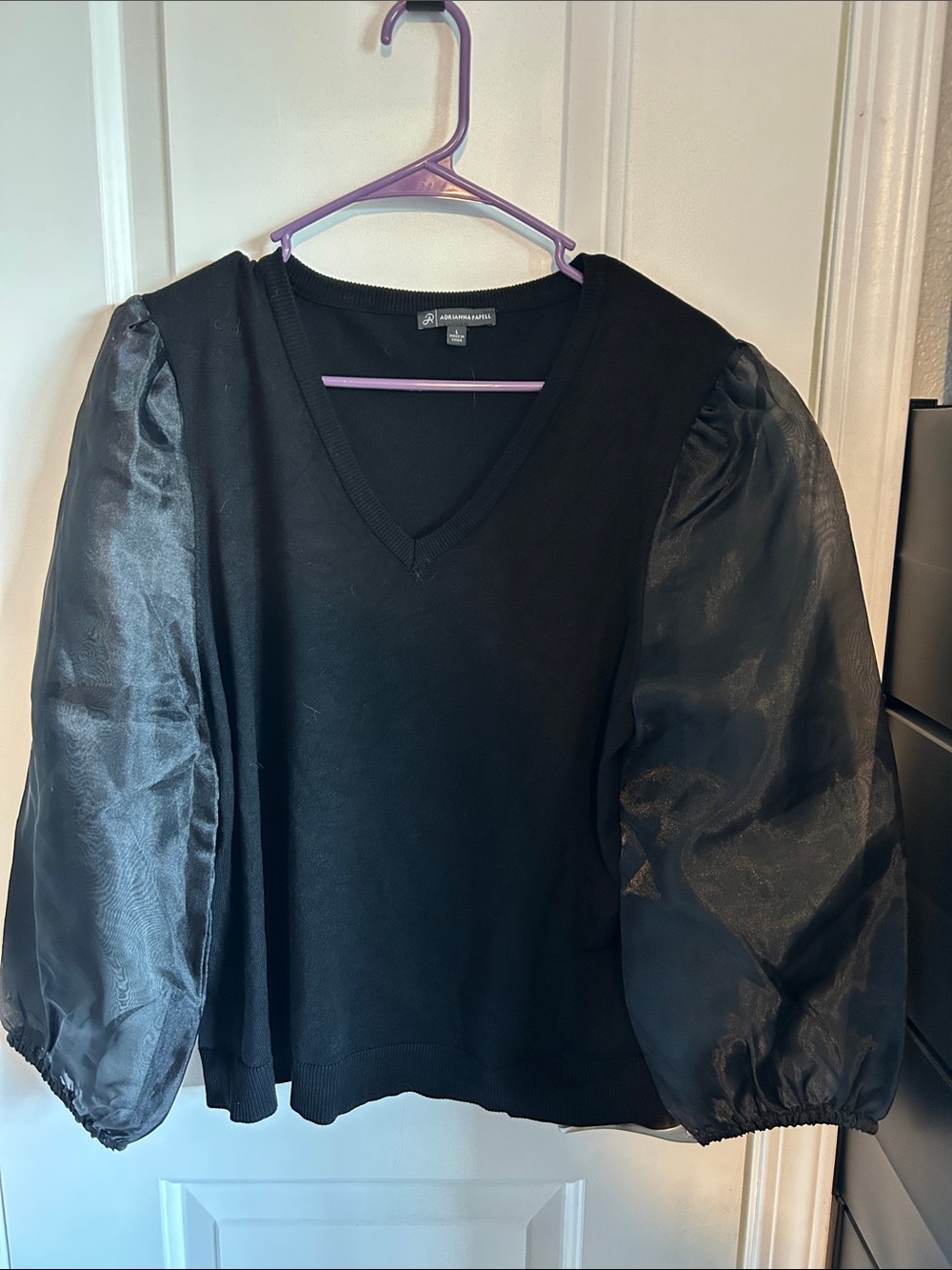 Charter Club Black V-Neck Sweater with Sheer Puff Sleeves